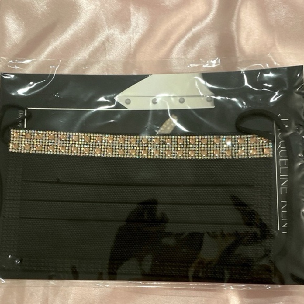Black Surgical Face Mask with a 1” x 7” band of pink and clear crystals